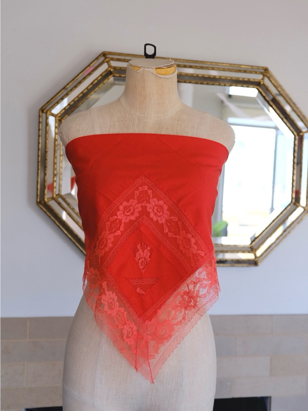 gorgeous vintage orange/red scarf with lace detailing